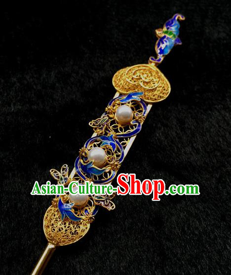 China Handmade Queen Pearls Hair Stick Traditional Palace Headpiece Ancient Qing Dynasty Empress Enamel Hairpin