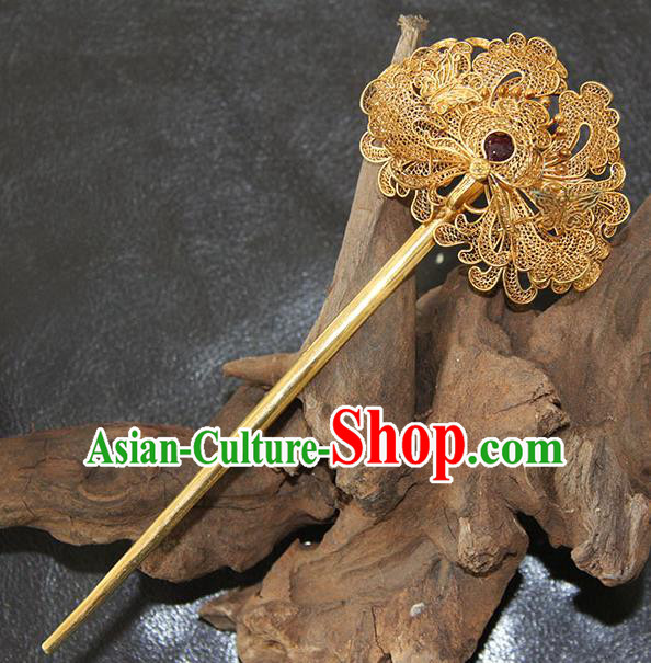 China Handmade Court Queen Golden Peony Hair Stick Traditional Palace Headpiece Ancient Qing Dynasty Empress Ruby Hairpin