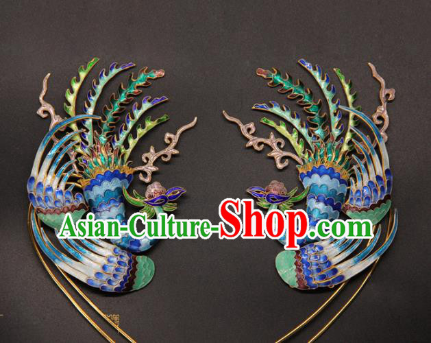 China Handmade Court Queen Hair Stick Traditional Palace Headpiece Ancient Qing Dynasty Empress Cloisonne Phoenix Hairpin