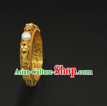 Handmade Traditional Court Golden Carving Bracelet Jewelry Chinese Ancient Qing Dynasty Queen Pearls Bangle Accessories