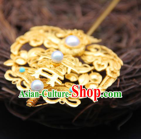 China Handmade Court Queen Pearls Hair Stick Traditional Palace Headpiece Ancient Qing Dynasty Empress Golden Hairpin