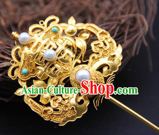 China Handmade Court Queen Pearls Hair Stick Traditional Palace Headpiece Ancient Qing Dynasty Empress Golden Hairpin