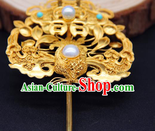 China Handmade Court Queen Pearls Hair Stick Traditional Palace Headpiece Ancient Qing Dynasty Empress Golden Hairpin