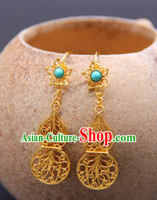 Handmade Traditional Court Golden Gourd Earrings Jewelry Chinese Ancient Qing Dynasty Queen Ear Accessories