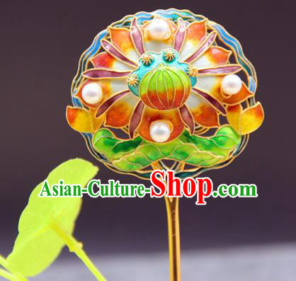 China Handmade Court Pearls Hair Stick Traditional Palace Headpiece Ancient Qing Dynasty Empress Enamel Lotus Hairpin