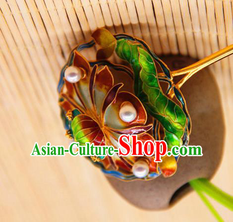 China Handmade Court Pearls Hair Stick Traditional Palace Headpiece Ancient Qing Dynasty Empress Enamel Lotus Hairpin
