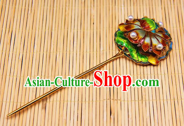 China Handmade Court Pearls Hair Stick Traditional Palace Headpiece Ancient Qing Dynasty Empress Enamel Lotus Hairpin