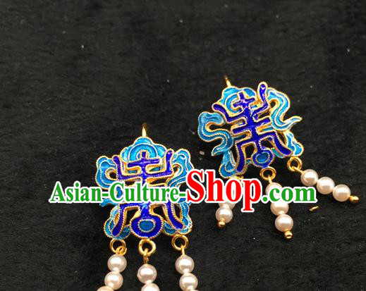 Handmade Traditional Court Pearls Tassel Earrings Jewelry Chinese Ancient Qing Dynasty Queen Enamel Ear Accessories