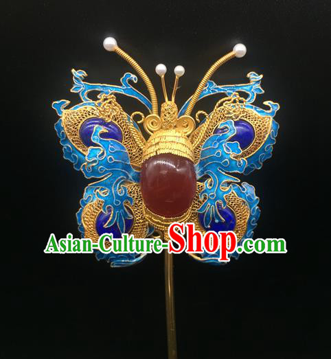 China Handmade Court Ruby Hair Stick Traditional Palace Headpiece Ancient Qing Dynasty Empress Enamel Butterfly Hairpin