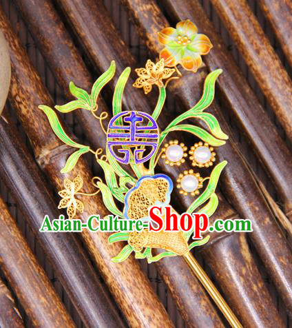 China Handmade Court Blueing Hair Stick Traditional Palace Hair Jewelry Ancient Qing Dynasty Empress Golden Hairpin