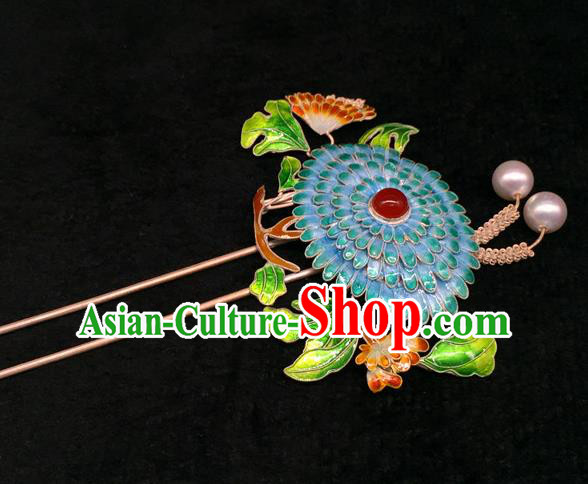 China Handmade Court Cloisonne Chrysanthemum Hair Stick Traditional Palace Hair Jewelry Ancient Qing Dynasty Empress Pearls Hairpin