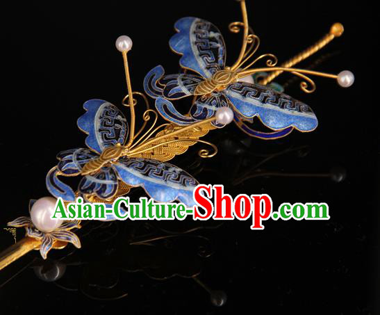 China Ancient Qing Dynasty Empress Hairpin Traditional Palace Headpiece Handmade Queen Cloisonne Butterfly Hair Stick