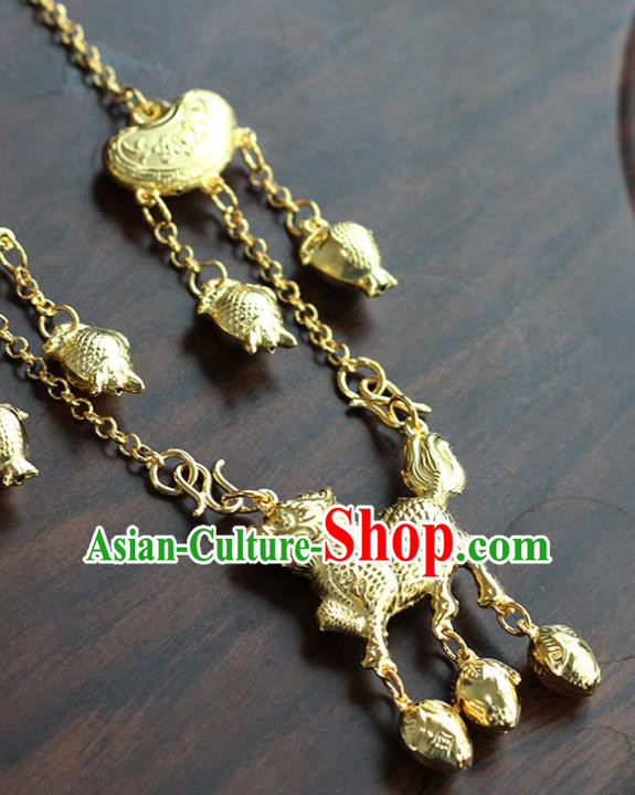 China Ancient Child Golden Kylin Necklace Traditional Ming Dynasty Tassel Longevity Lock