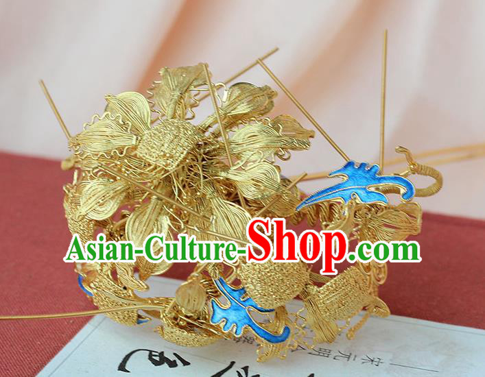 China Handmade Court Golden Lotus Hair Stick Traditional Palace Hair Jewelry Ancient Ming Dynasty Empress Cloisonne Hairpin