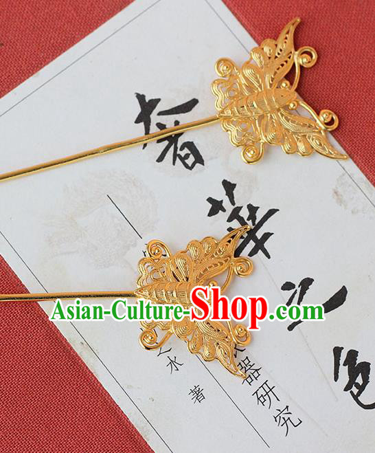China Traditional Palace Hair Jewelry Ancient Ming Dynasty Empress Golden Butterfly Hairpin Handmade Court Hair Stick