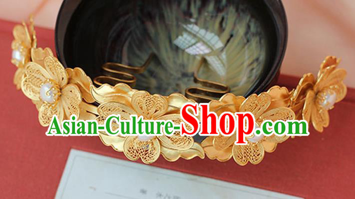 China Ancient Ming Dynasty Empress Hairpin Traditional Palace Hair Jewelry Handmade Court Golden Flowers Hair Comb