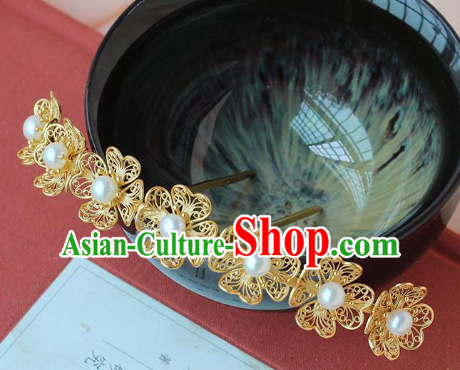 China Ancient Ming Dynasty Empress Pearls Hairpin Handmade Court Golden Flowers Hair Crown Traditional Palace Hair Jewelry