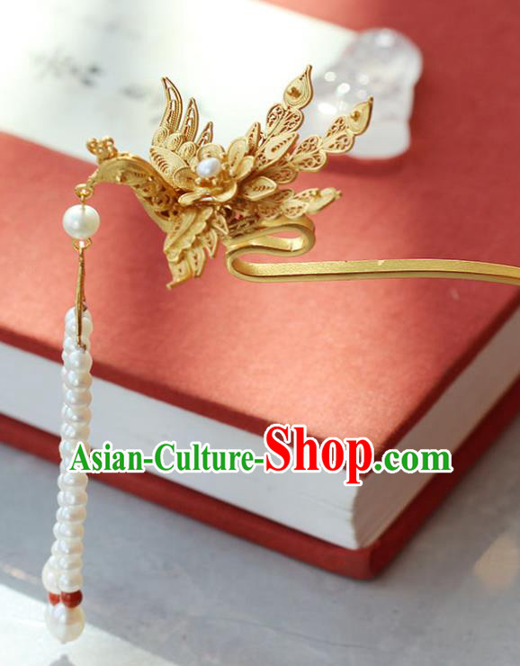 China Ancient Ming Dynasty Empress Beads Tassel Hairpin Traditional Palace Hair Jewelry Handmade Court Golden Phoenix Hair Stick