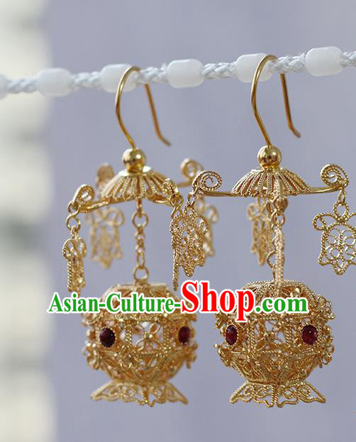 Handmade Traditional Court Tourmaline Ear Jewelry Chinese Ancient Ming Dynasty Golden Lantern Earrings Accessories