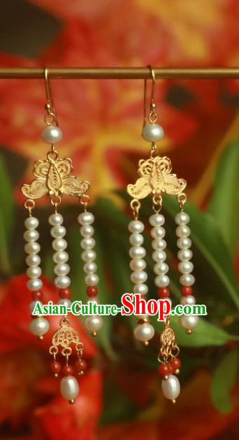 Handmade Chinese Traditional Ming Dynasty Pearls Tassel Earrings Accessories Ancient Court Golden Butterfly Ear Jewelry