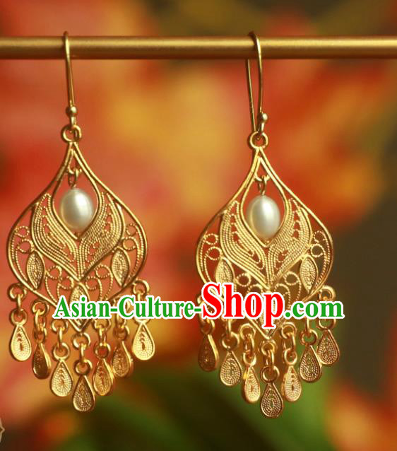 Handmade Chinese Traditional Accessories Ancient Court Golden Ear Jewelry Ming Dynasty Pearls Earrings