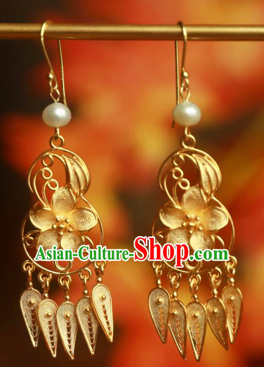 Handmade Chinese Ancient Court Golden Plum Ear Jewelry Ming Dynasty Pearls Earrings Traditional Accessories