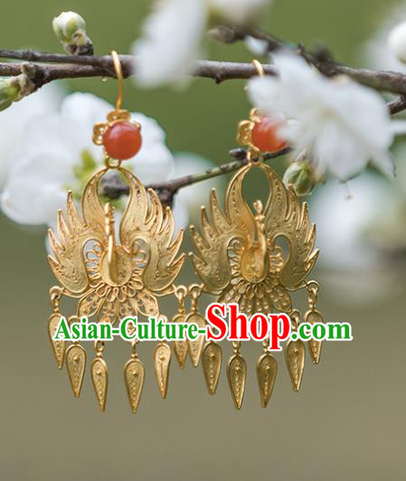 Handmade Chinese Ming Dynasty Golden Phoenix Earrings Traditional Accessories Ancient Court Hanfu Corallite Ear Jewelry