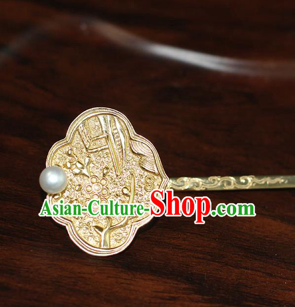 China Ancient Ming Dynasty Empress Golden Hairpin Handmade Court Pearl Hair Stick Traditional Palace Hair Jewelry