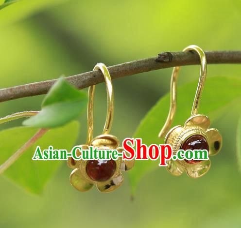 Handmade Chinese Garnet Earrings Traditional Accessories Ancient Court Hanfu Golden Plum Ear Jewelry