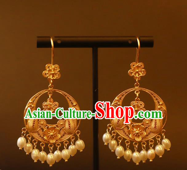 Handmade Chinese Ancient Court Hanfu Pearls Tassel Ear Jewelry Wedding Golden Earrings Traditional Accessories