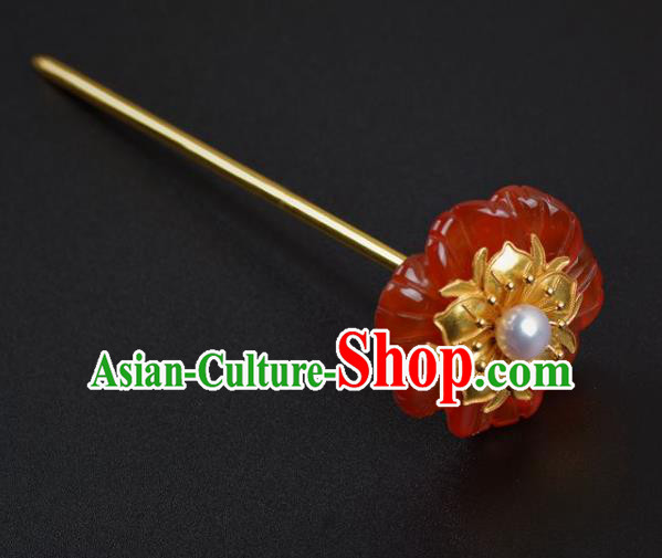 China Traditional Ming Dynasty Agate Hair Stick Handmade Hair Jewelry Ancient Princess Red Flower Hairpin