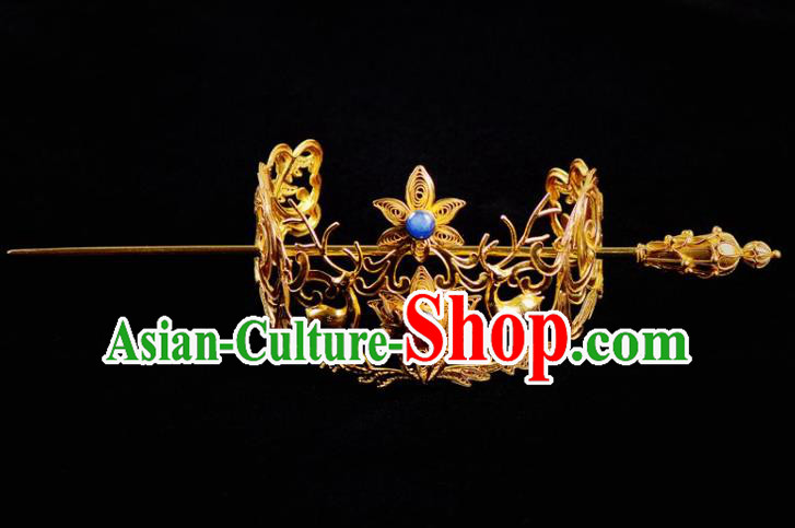 Chinese Traditional Hanfu Hair Accessories Ancient Ming Dynasty Prince Golden Hairdo Crown Hairpin