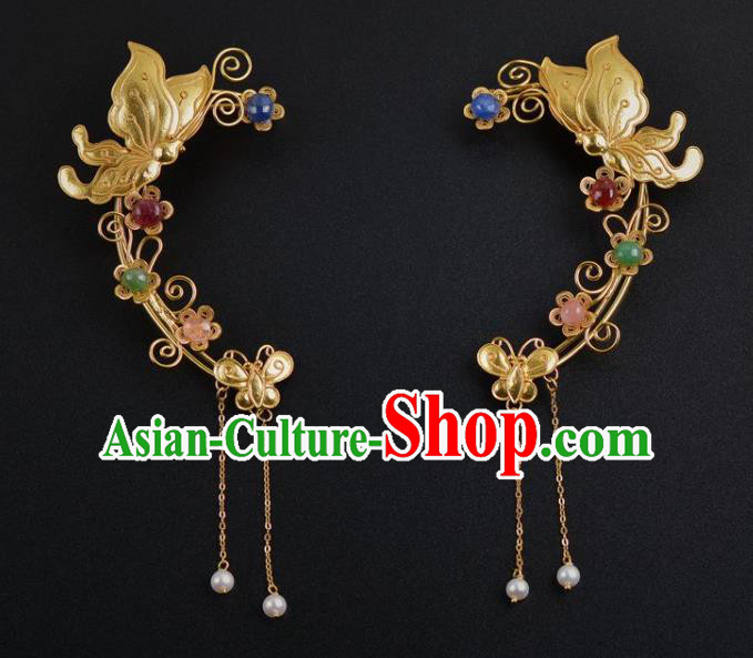 Handmade Chinese Ancient Court Golden Butterfly Ear Jewelry Traditional Ming Dynasty Tassel Earrings Accessories