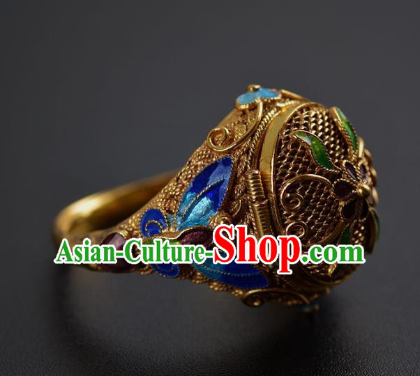 Handmade Chinese Ancient Court Ring Jewelry Traditional Qing Dynasty Cloisonne Butterfly Accessories