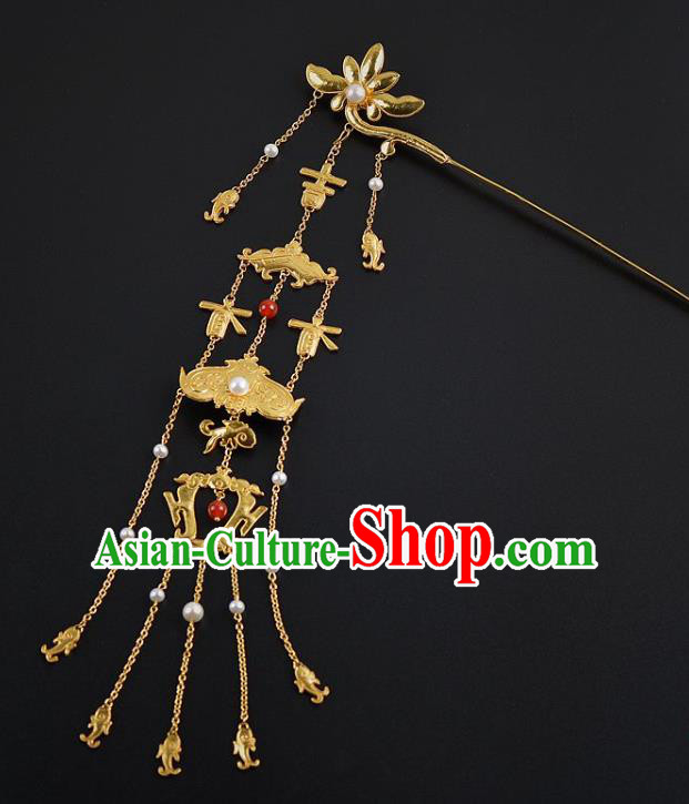 China Ancient Empress Golden Lotus Hairpin Handmade Palace Hair Jewelry Traditional Ming Dynasty Tassel Hair Stick