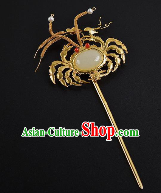 China Ancient Empress Golden Crab Hairpin Handmade Palace Hair Jewelry Traditional Ming Dynasty White Chalcedony Hair Stick