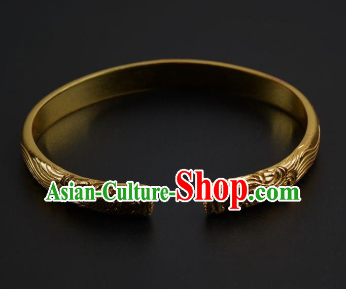 Handmade Chinese Ancient Court Golden Bracelet Jewelry Traditional Tang Dynasty Carving Bangle Accessories