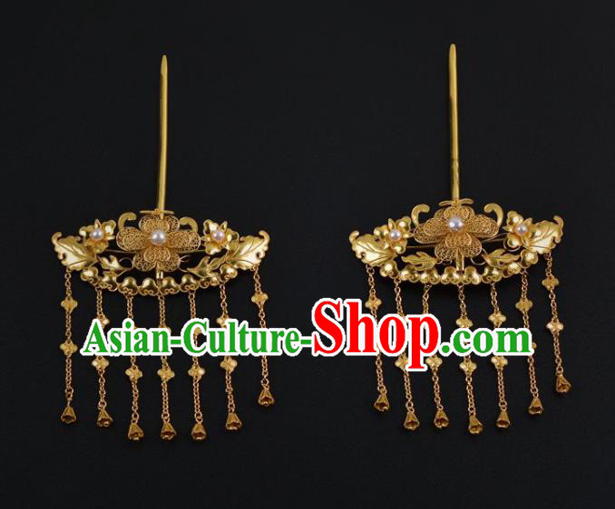 China Traditional Tang Dynasty Tassel Hairpin Handmade Hair Jewelry Ancient Empress Golden Peony Pearls Hair Stick