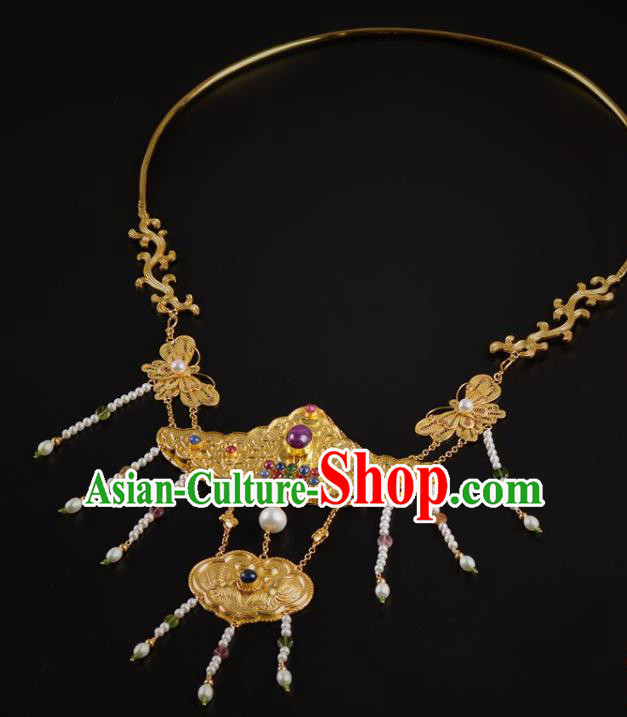 Handmade Chinese Ancient Court Queen Gems Necklace Jewelry Traditional Ming Dynasty Pearls Golden Necklet Accessories