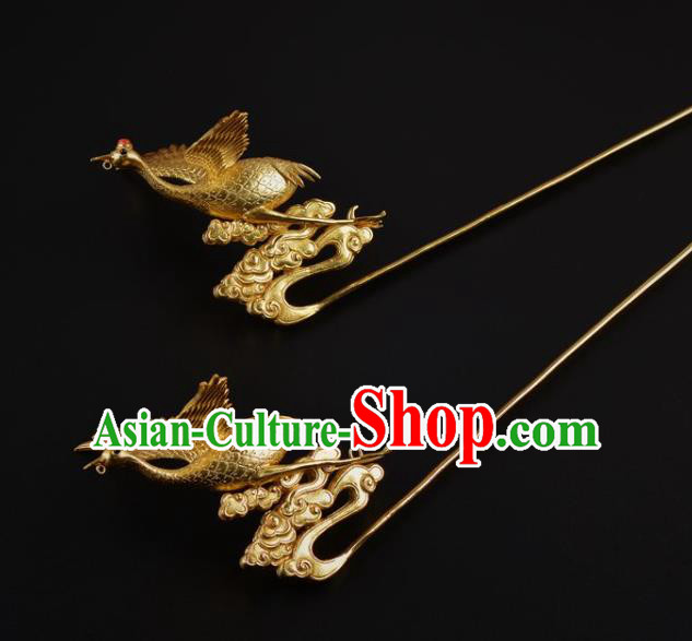 China Ancient Empress Golden Crane Hair Stick Traditional Ming Dynasty Palace Hairpin Handmade Hair Jewelry