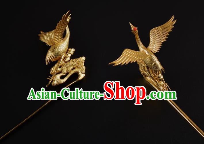 China Ancient Empress Golden Crane Hair Stick Traditional Ming Dynasty Palace Hairpin Handmade Hair Jewelry