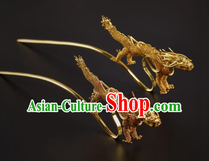 China Traditional Ming Dynasty Filigree Golden Dragon Hairpin Handmade Hair Jewelry Ancient Empress Hair Stick