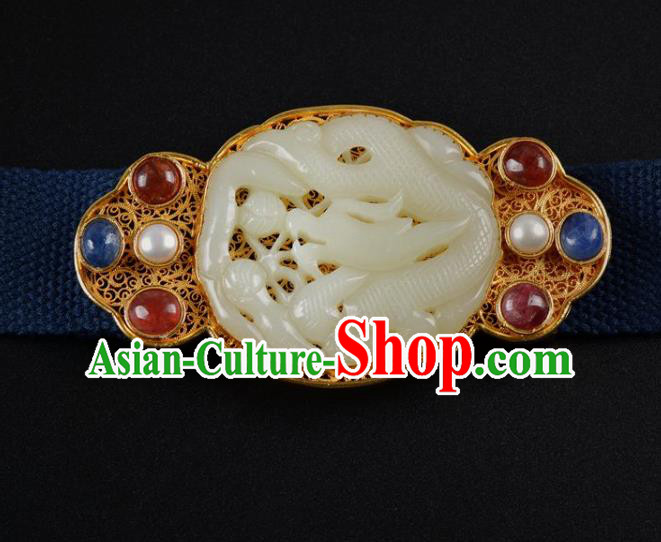 Chinese Traditional Hanfu Gems Waist Accessories Ancient Ming Dynasty Emperor Jade Dragon Belt Buckle Decoration