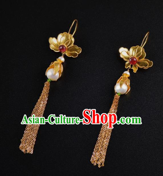 Handmade Chinese Ancient Court Queen Golden Peony Ear Jewelry Traditional Tang Dynasty Tassel Earrings Accessories