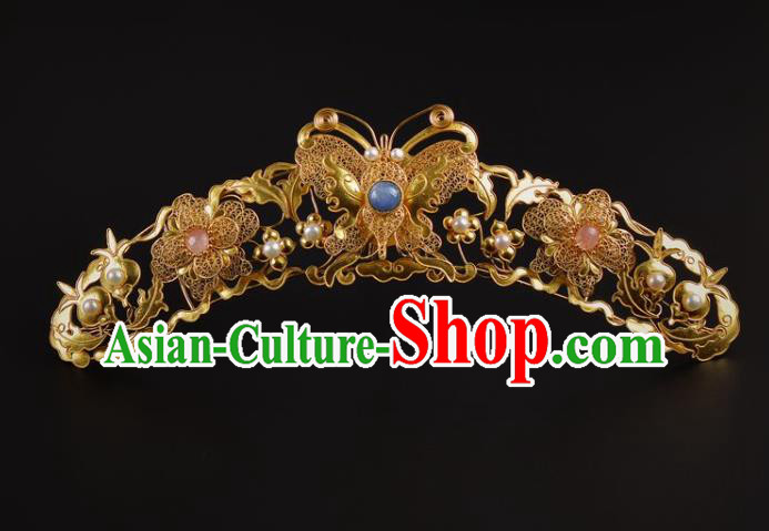 China Ancient Empress Golden Butterfly Hair Crown Traditional Ming Dynasty Palace Pearls Hairpin Handmade Hair Jewelry