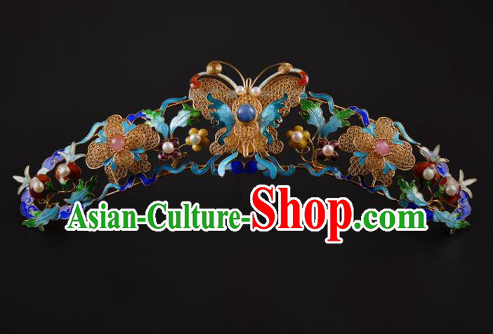 China Traditional Qing Dynasty Palace Pearls Hairpin Handmade Hair Jewelry Ancient Empress Cloisonn Butterfly Hair Crown