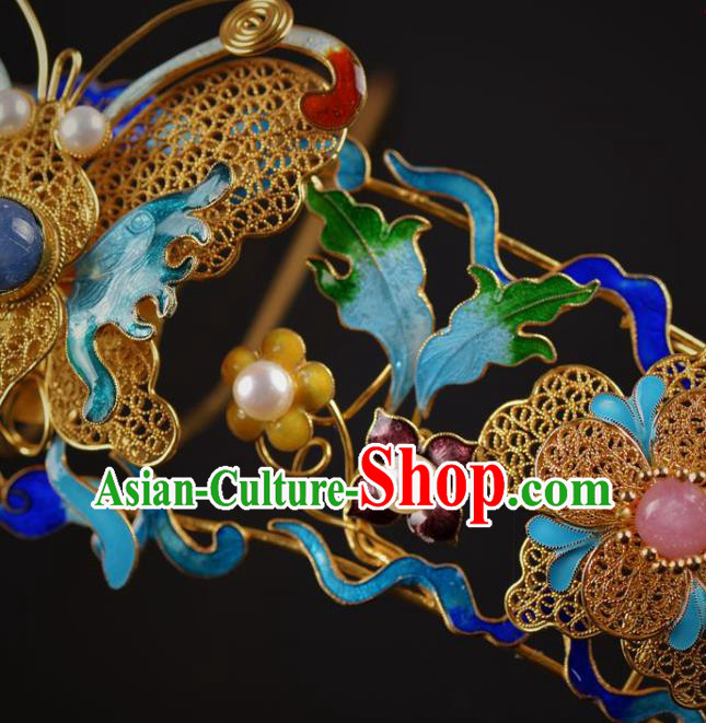 China Traditional Qing Dynasty Palace Pearls Hairpin Handmade Hair Jewelry Ancient Empress Cloisonn Butterfly Hair Crown