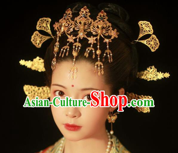 China Handmade Hair Jewelry Ancient Empress Phoenix Hairpin Traditional Tang Dynasty Palace Tassel Hair Crown