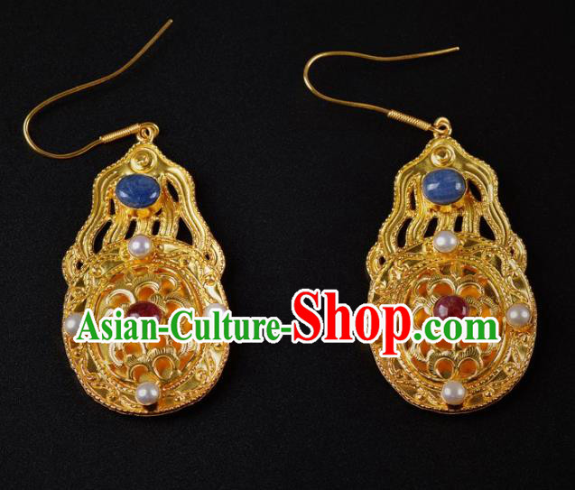 Handmade Chinese Traditional Tang Dynasty Palace Golden Earrings Accessories Ancient Court Empress Pearls Ear Jewelry