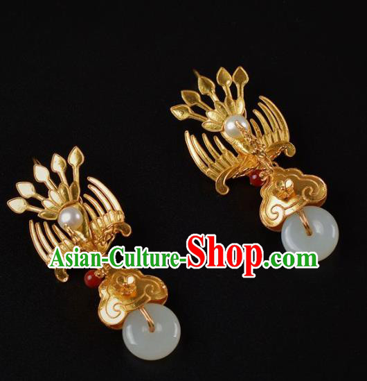 Handmade Chinese Traditional Qing Dynasty Palace Golden Phoenix Earrings Accessories Ancient Court Empress Jade Ring Ear Jewelry